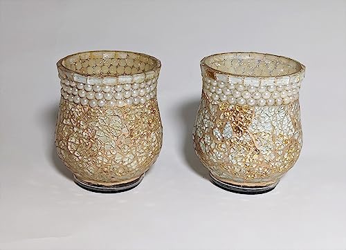 Small Hurricane Shaped Mosaic Votive Holder or vase with Light Green Mirror Chips, Gold Grout and Three Rows of White Color Beads Set of 2