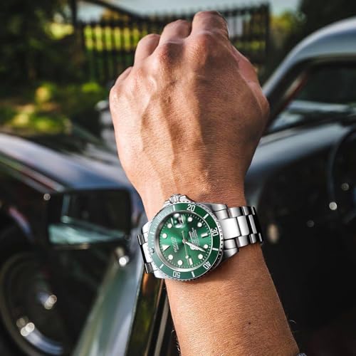 Image of ROCOSJEWE Men Analogue Silver Band Automatic Mechanical Watch Black /Green Dial Ceramic Bezel Waterproof Wristwatch Luminous Calendar Display Stainless Steel Adjustable Strap Gifts R0158Green