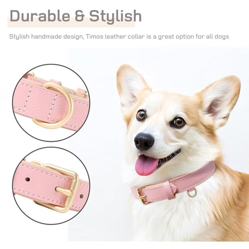 HEELE Hundehalsband Leder Hundehalsband mit gepolstert und echtes Leder, Verstellbar, Halsband für Welpen Kleine Hunde, Rosa, XS