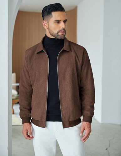 COOFANDY Men's Casual Suede Bomber Jacket Lightweight Full Zip Up Jackets Vintage Faux Leather Jacket3
