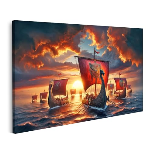 islandburner Image sur toile Flotte de coucher de soleil : navires longitudinaux vikings prêts à voyager Images murales Poster