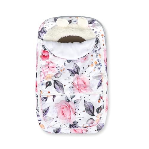 Image of Pea Pod Winter Car Seat Cover for Baby, Infant Car Seat Canopies Cover for Newborn, Warm Plush Fleece Inner Protect Baby from Cold Wind, Stylish Floral