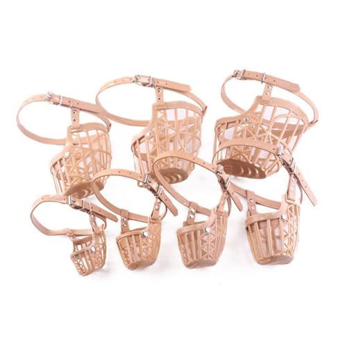 Mikikit 1 Set Adjustable Dog Muzzle Bite Mouth Cover with PU Leather Strap Breathable Plastic for Chewing and Barking Control Apricot