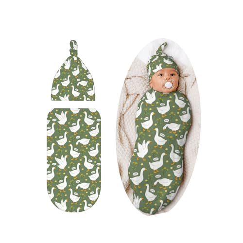 Image of Lcokin Cute Goose Baby Stuff Swaddle Blanket Hat Set for Boys Girls, Newborn Receiving Blanket Shower Gift