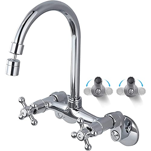Polish Chrome Kitchen Sink Faucet Wall Mount 6 Inch Center Adjustable Hole Distance Kitchen Wall Faucets 360 Degree Swivel Spout Double Cross Handles