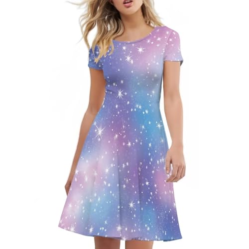 Image of HUGS IDEA Womens Puffy Swing Midi Dress Round Neck Short Sleeve Party A-Line Dresses