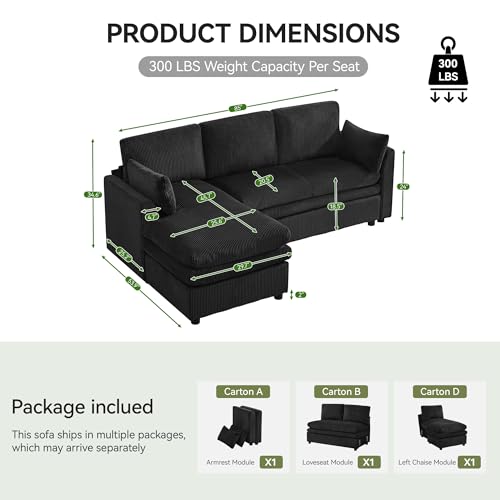 Image of 85 inch Sectional Couches with Left Chaise, Comfy Deep Dual-Layer Cushion Couch, 4 Seater L Shaped Couch, Modern Modular Sofa, Corduroy Sofas for Living Room, Apartment, Black