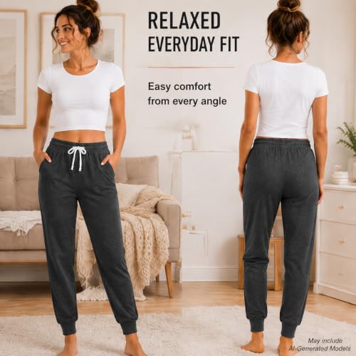 Image of Essential Elements Womens 3 Pack 100% Cotton Joggers Lounge PJ Sweatpants | Soft Breathable Everyday Knit With an Elastic Waist and Tapered Fit, Cozy for Sleep, Workouts and Casual Wear
