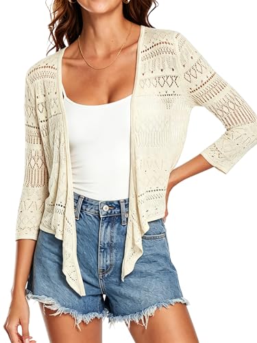 Image of Spicy Sandia Tie Front Sheer Shrug 3 /4 Sleeve Cropped Crochet Cardigan for Summer Lightweight