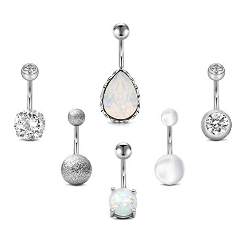 QWALIT Belly Button Rings Surgical Steel Belly Ring Pack Opal Navel Piercing Jewelry for Women 10mm Silver