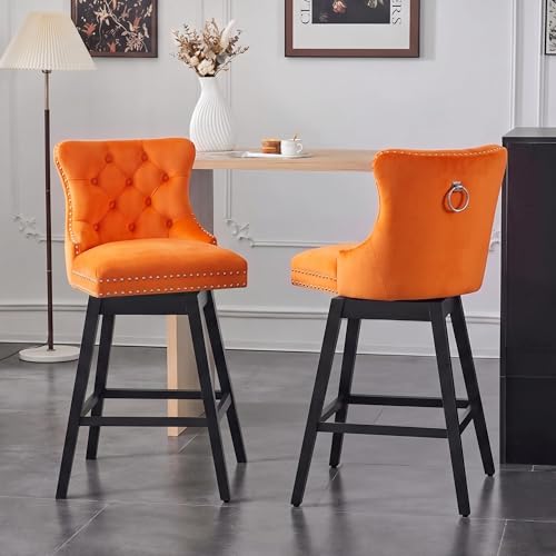 Image of Orange Swivel Bar Stools, Velvet Counter Height Bar Stool Set of 2 | 360 Swivel Bar Chairs, Solid Wood Legs, Upholstered Kitchen Island Stools, Modern Extra Wide Seat (Orange, 30 inch H, 2 Pack)