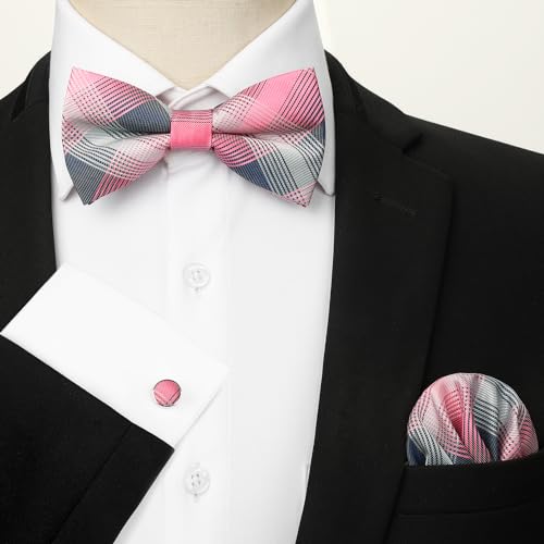 Image of HISDERN Mens Plaid Bow Tie Set Pocket Square and Cufflinks Bowtie | Pretied Bowties Design for Easy Wear,Check Pattern,Matching Handkerchief Cuff Link,3PCS Set Wedding Formal Party Groom Prom