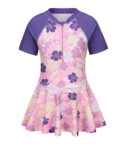Image of Girls One Piece Swimsuits Bathing Suit for Kids Girls Summer Swim Dress Short Sleeve Swimwear 3-16 Years