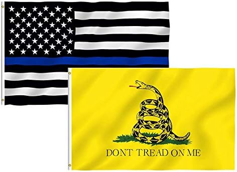 Thin Blue Line Flag Dont Tread On Me Flag, 2 Pack 3x5 Ft 100% Polyester US Thin Blue Line Flag Police Flags Gadsden Dont Tread On Me Halloween Christmas Flags Bright Colors with Metal Grommets