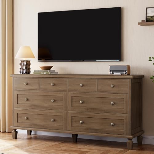 Garvee 8 Drawer Dresser for Bedroom, Vintage 59" Long Dresser TV Stand with Carved Handles and Tapered Legs, Wood Chests of Drawers with Large Capacity, Light Brown - image 7