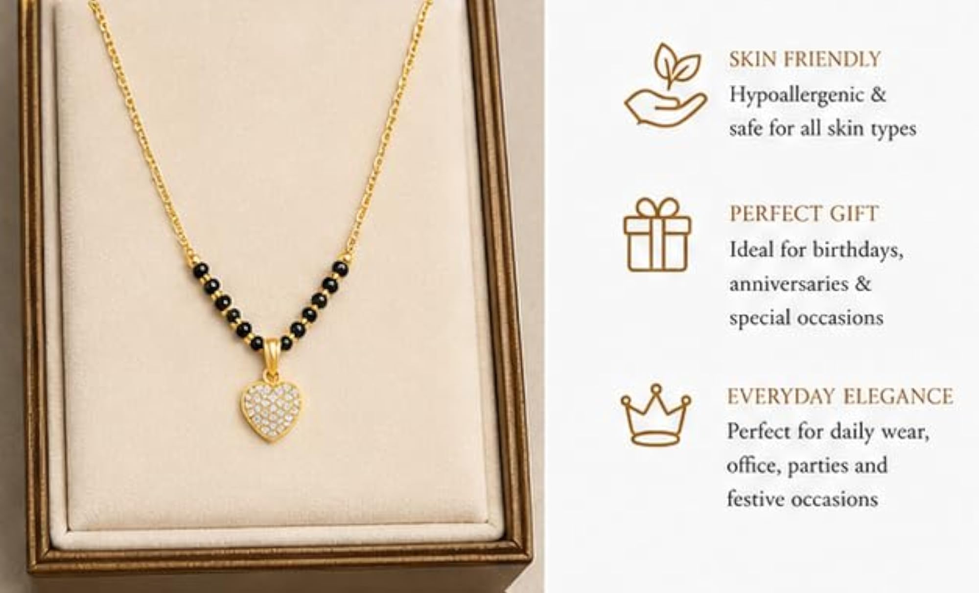 Gold Plated Heart Pendant Mangalsutra with Black Beads