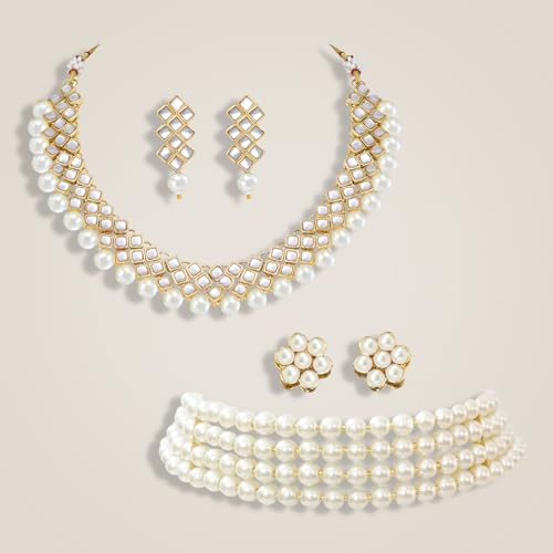 Image of Peora Kundan Faux Pearl Necklace & Jewelry Set Gift for Women