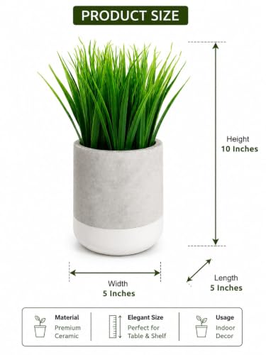 Image of Artificial Grass Plant in Ceramic Pot, 10 Inch, Grey and White