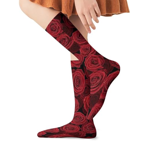 HEBVASS Women's Fashion Lightweight Socks Red Roses With Rain Drops, Cute Compression Knee High for Daily Wear Running Hiking Travel Casual Comfort