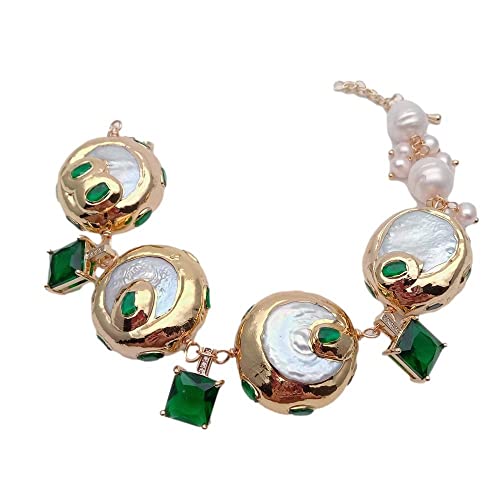 jiChenxiang Pulsera con Dije Cuadrado Verde de Perla Keshi Blanca cultivada de 25 mm, joyería de Moda