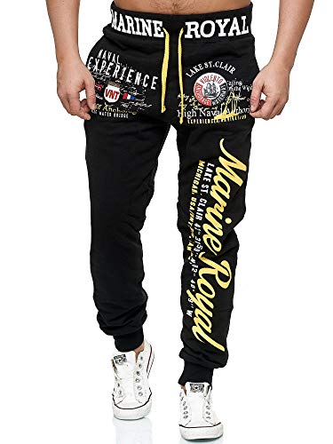 L.gonline, 5258, pantalon de jogging homme, long, pantalon de survêtement en coton, pantalon de sport avec poignets, pantalon de loisirs pour hommes, bas de jambe étroit, marine, noir/jaune, XXL Cover