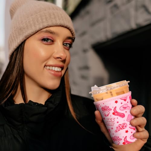 Image of Reusable Insulated Neoprene Iced Coffee Cup Sleeve, Durable Drink Sleeve for Cold Beverages, Beverage Holder for Iced Coffee (Pink Cowgirl)