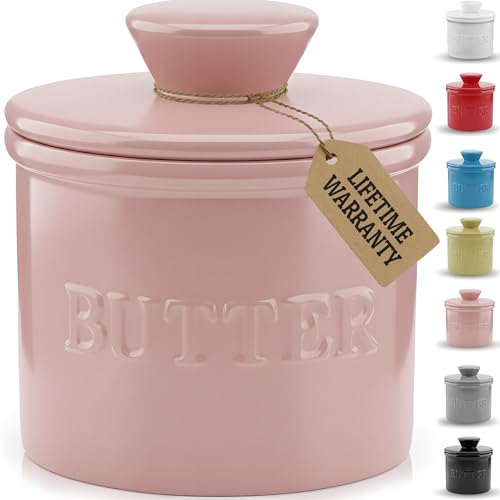 PriorityChef French Butter Crock with Lid, Keep Butter Spreadable & Fresh, Butter Keeper to Leave On Counter, French Butter Dish Perfect for Bread and Toast, Ideal Kitchen Gift, Pink