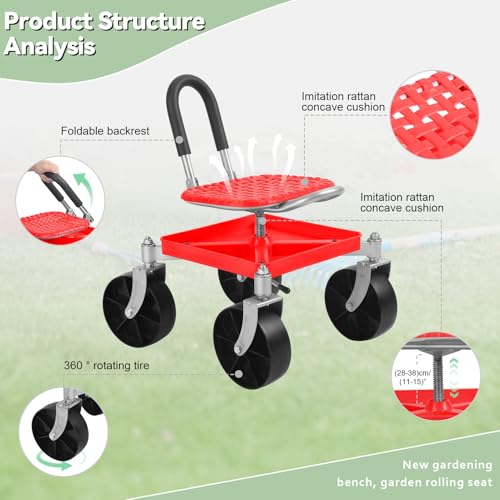 Image of Gardening Rolling Seat, Height Adjustable Garden Stool with Tool Tray, 360 Swivel Work Cart for Gardeners Seniors, 330 lbs Capacity, Red Red