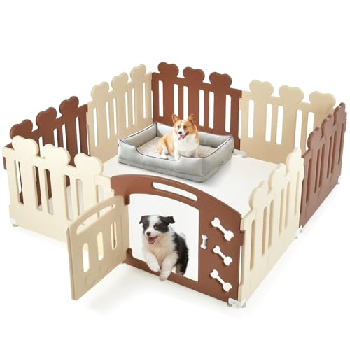 SOARS Recinto per Cani A60 cm, 7 PCS + 1 Pannello con Porta, Recinzione per Cuccioli e Animali Domestici in HDPE, Cancello Box per Cani da Interno ed Esterno, 155 x 155 cm (Marrone + Beige)