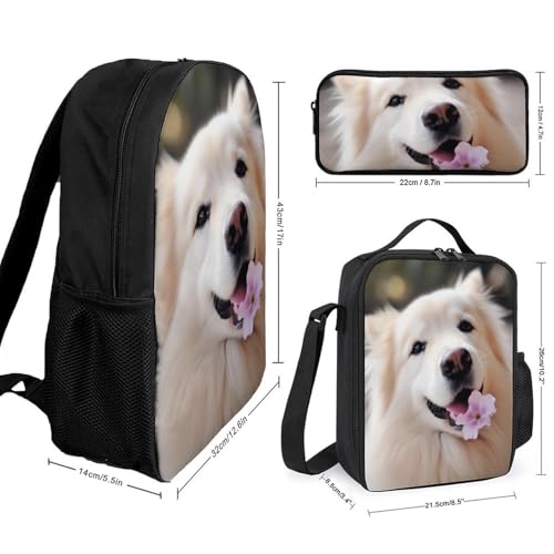 3 Piece Backpack for Women Men Lightweight Causal Daypack Shoulder Bag Set with Insulated Lunch Bag And Pencil Case Organizers Cute Dog2