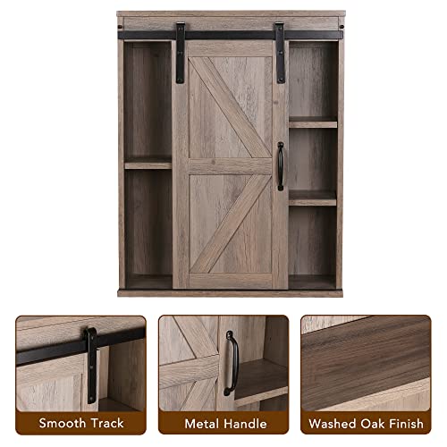 Rustown Farmhouse Wood Wall Storage Bathroom Cabinet With Sliding Barn Door, Rustic Medicine Cabinet With Adjustable Shelf, 3-Tier Vintage Cabinet For Kitchen, Bathroom, Living Room (Washed Oak) #TOP4