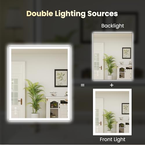 Image of WTTY 30 inchX36 inch LED Bathroom Mirror with Black Frame, Bathroom Vanity Mirror with Lights for Wall, Front Light and Backlit, Anti-Fog, Dimmable, 3 Colors, Shatterproof, Memory, Horizontal /Vertical
