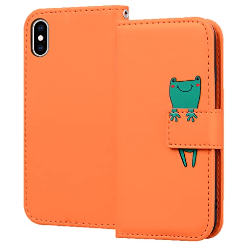 iPhone X ケース手帳型 iPhone XS 手帳型ケース Gedurya iPhone x 保護ケース 人気 動物 パターン iPhone xs 多機能携帯保護カバー 便利なマグネット式 iPhoneX ケース 肌感レザー 高質感 iPhoneXS ケース 落下防止TPU 全面保護 (iPhone X/XS 5.8 インチ対応), オレンジ色のカエル