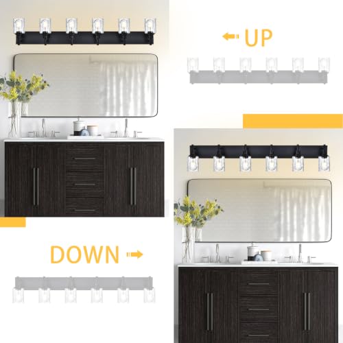 Image of 6 Light Bathroom Vanity Lights, Black Finish, Hammered Glass Shade | Modern Bathroom Wall Sconce Above Mirror, Dimmable Bath Wall Lighting Fixtures, E26 Socket, for Bedroom, Living Room, Kitchen