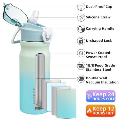 Image of BJPKPK 18 oz Water Bottle with Straw & Handle, Insulated Stainless Flask | Leak Proof Locking Lid, Thermal, Double Wall Vacuum, Keeps Hot /Cold, BPA Free, Dishwasher Safe, Travel & Sports, Mint