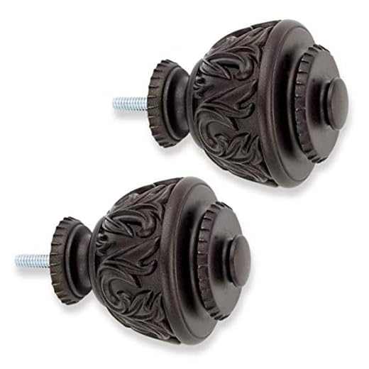 Cambria® Premier Complete Curtain Rod Finials, Premium Curvy Leaf Style Finials for 1 1/8” Diameter Curtain Rods, Classic Finishing Touch for Curtain Rods, Set of 2, Matte Brown