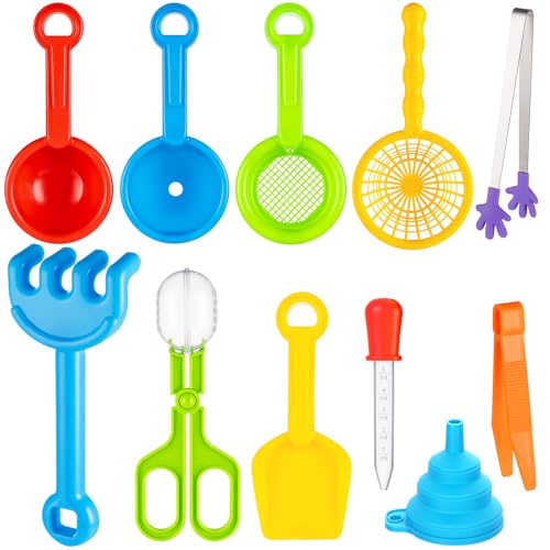 11 Pieces Sensory Bin Filler Fine Motor Skills Handy Toys Set with 5 Scoops Tweezers Mini Silicone Tong Scissors Clip Dropper Beach Shovels Funnel Sensory Bin Accessories Tools