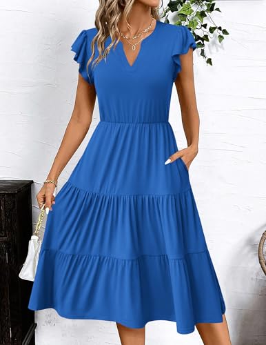 Image of ZEAGOO Womens Summer Casual Dresses Ruffle Sleeve V Neck Midi Dress Flowy Tiered Dress with Pockets Boho Sundresses