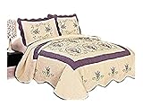 3pcs High Quality Fully Quilted Embroidery Quilts Bedspread Bed Coverlets Cover Set , Queen King (Beige/Purple)