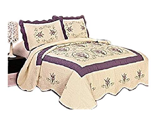 3pcs Fully Quilted Embroidery Quilts Bedspread Bed Coverlets Cover Set, Queen King (Beige/Purple)