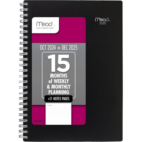 Mead 2025 Planificateur, Hebdomadaire & Mensuel, 15 Mois, 5-1/2" x 8-1/2", Petit, Basique, Noir