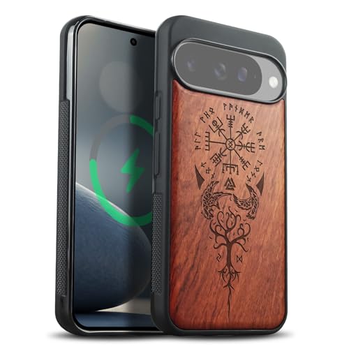 Coque bois pour Google Pixel 10 gravée Viking Compas avec bumper antichoc
