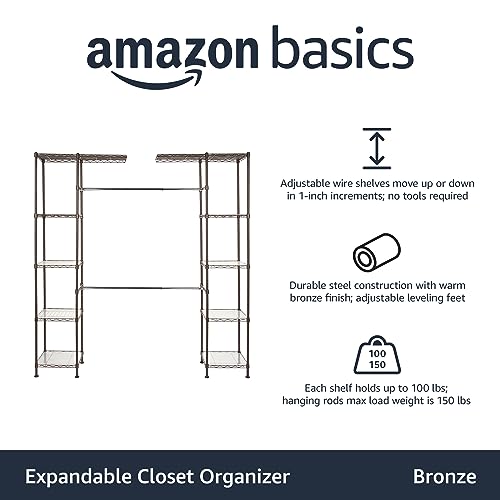 Amazon Basics Expandable Metal Hanging Closet Organizer and Storage Rack Wardrobe with Shelves, 57-80''L x 14''W x 72''H, Bronze - Image 4