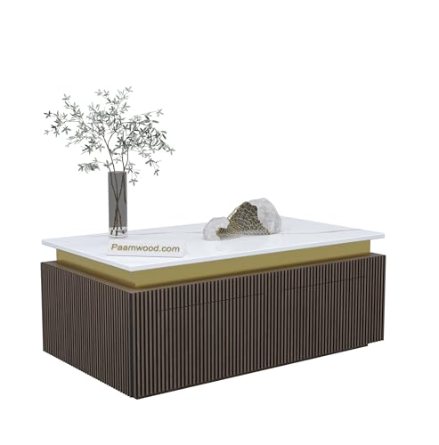 Image of Luxury Marble-Top Wooden Center Table for Living Room | Louvers | Modern Entryway Furniture | Coffee Table (24 inchX42 inchX17 inch)
