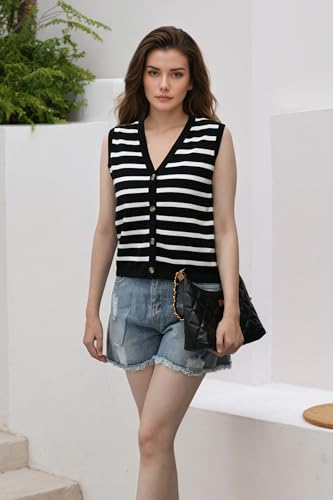 Image of Women's Striped Sweater Vest V-Neck, Fall 2025 Lightweight Cotton 100%, Vintage Button Cardigan Style Layering Staple for Turtlenecks & Jeans 18 Black S