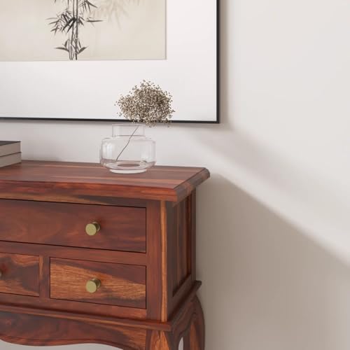 Image of WOODY Furniture Wooden Console Table for Living Room | Solid Wood Side Entrance Table for Home with 4 Drawers & Shelf Storage (Natural Finish)