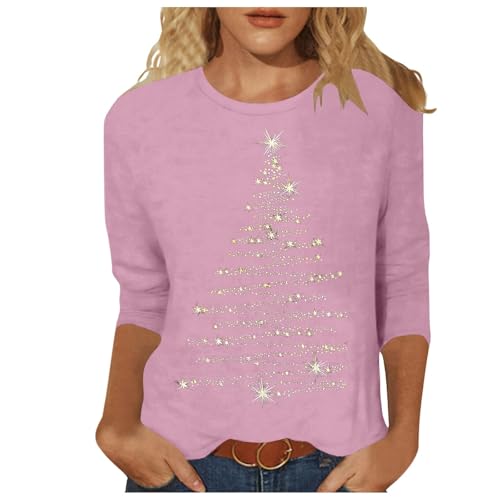 Weihnachtsshirt Damen 3/4 Arm Christmas Shirt Rundhals Lustig Weihnachts Tshirt Elegant Weihnachtspullover Winter Langarmshirt Oberteile S-3XL, Rosa,...