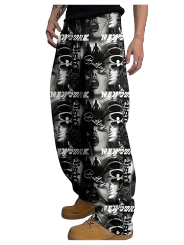 GORGLITTER Men's Graphic Print Cargo Pants Drawstring Waist Straight Leg Y2k Baggy Pants
