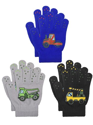 Geyoga 3 Pairs Kids Gloves Winter Toddler Full Fingers Knitted Gloves Kids Unicorn Warm Mittens for Aged 4-10 (Car Style)