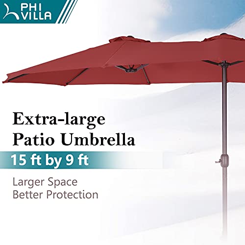 PHI VILLA 15ft Large Patio Umbrella with Base, Double-sided Outdoor Umbrella, Wine